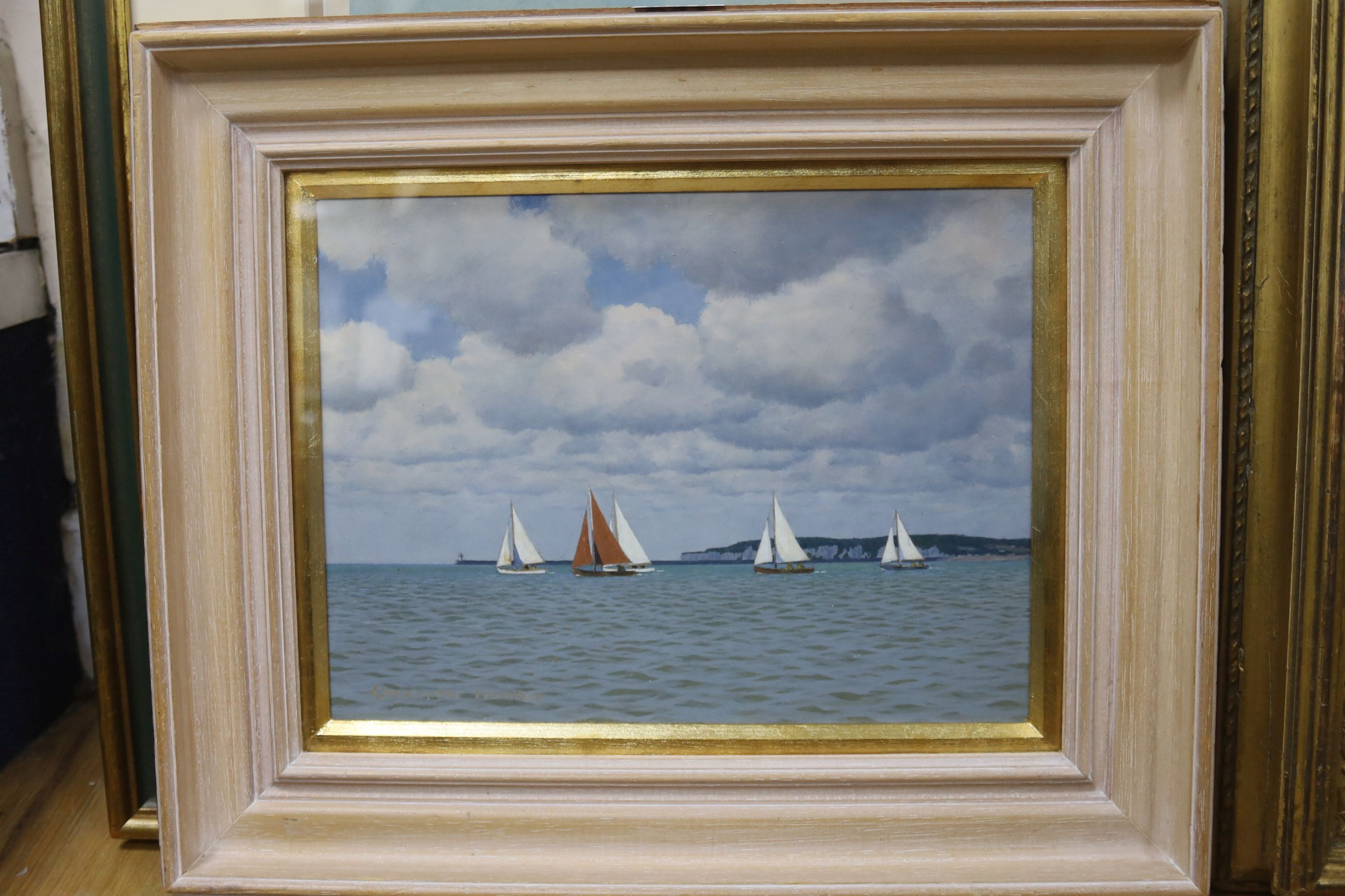 Christopher Hankey (b.1911), oil o board, 'Sailing off Seaford', signed, 19 x 25cm